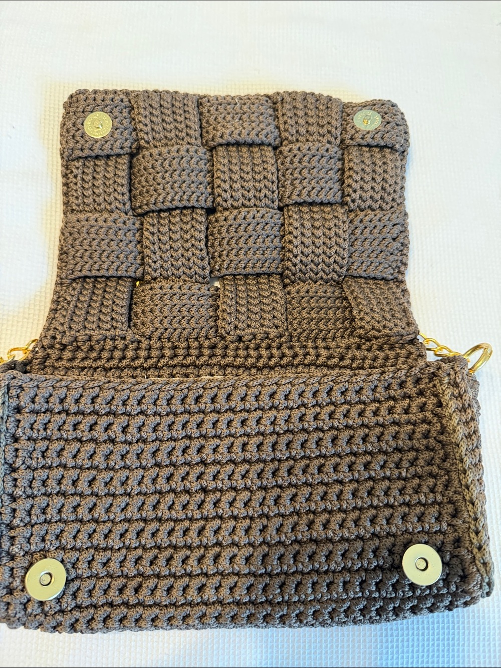 Handmade Woven Crochet Crossbody Bag - Brown and Golden Chain - Picture 6 of 15